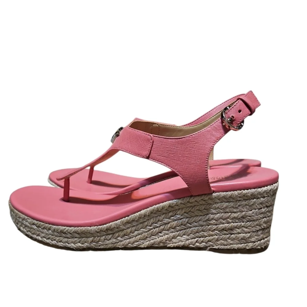 NWOT Michael Kors Laney Espadrille Pink Leather Wedge Sandals - Picture 2 of 11